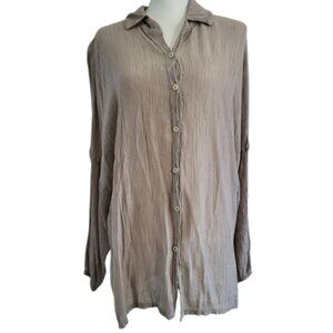 COBBLESTONE LIVING Tan Lagenlook Button Down Crinkle Shirt - Women's L/XL